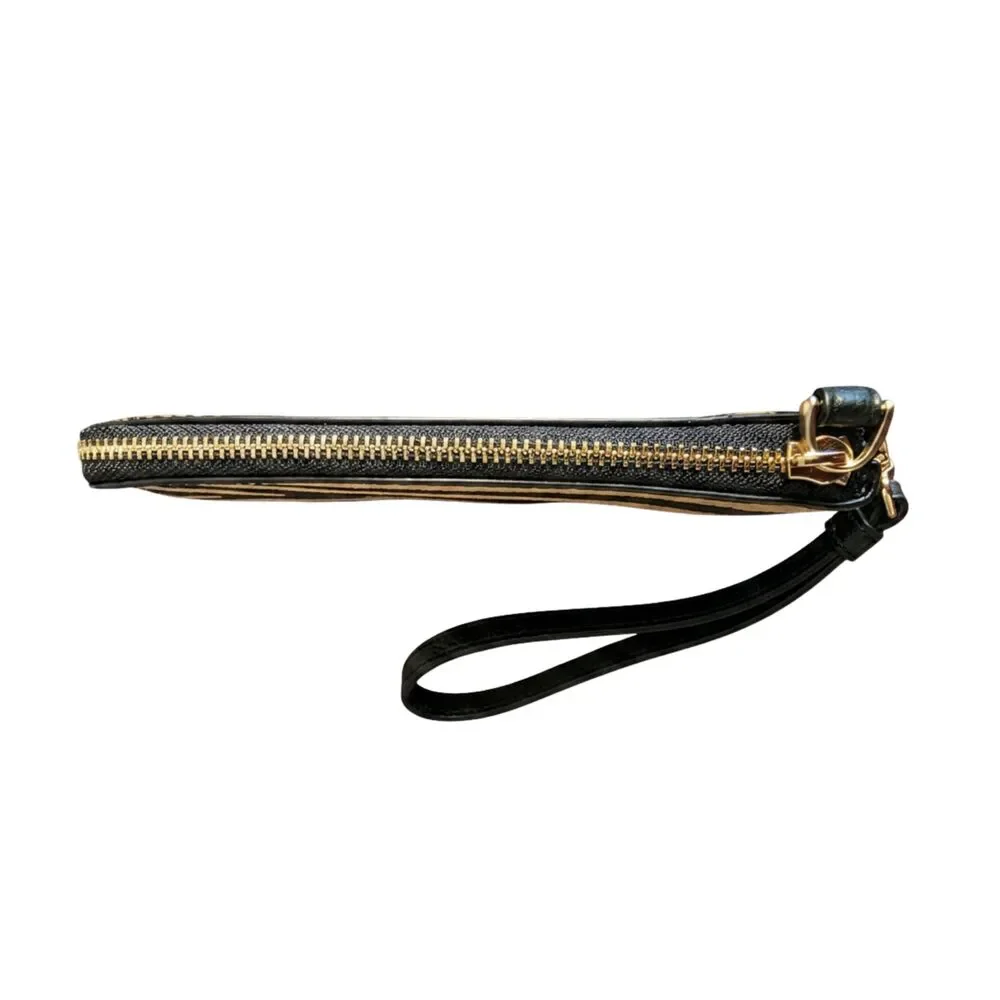 COACH Tiger Print Corner Zip Wristlet Canvas Leather Honey Black Gold NWT